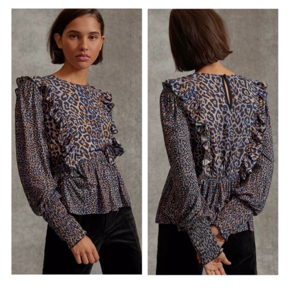 Anthropologie Blank London Moira Ruffled Peplum Top Small Leopard Animal Print